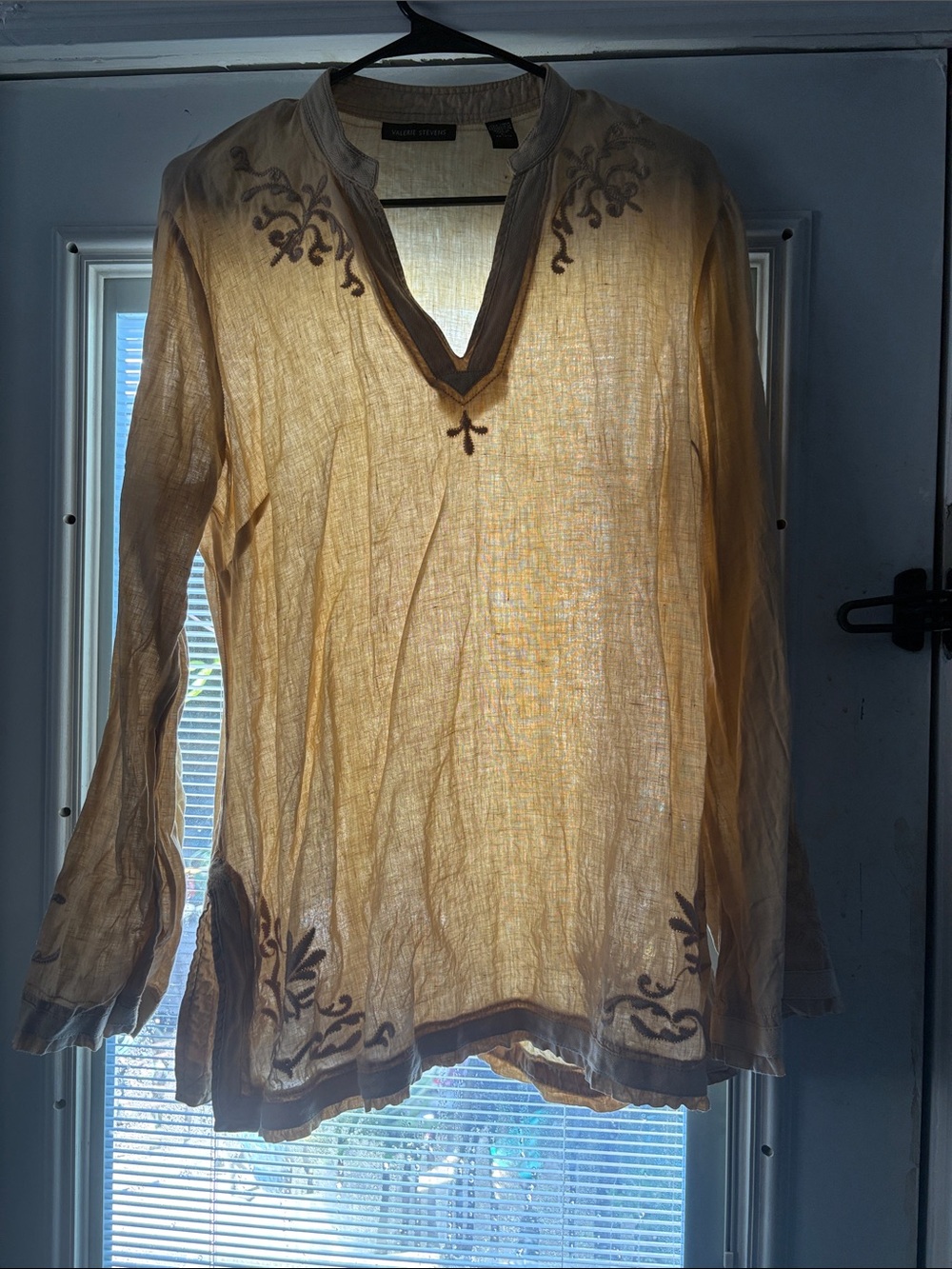 Valerie Stevens Sheer Cream Embroidered V-Neck Tunic